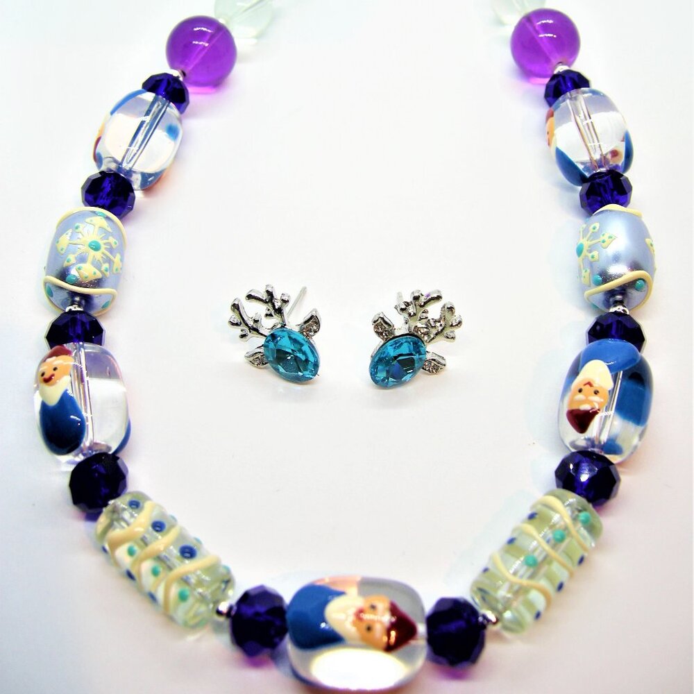 Handcrafted Crazy Elf Lampwork Necklace & Crystal Deer Stud Earring Set